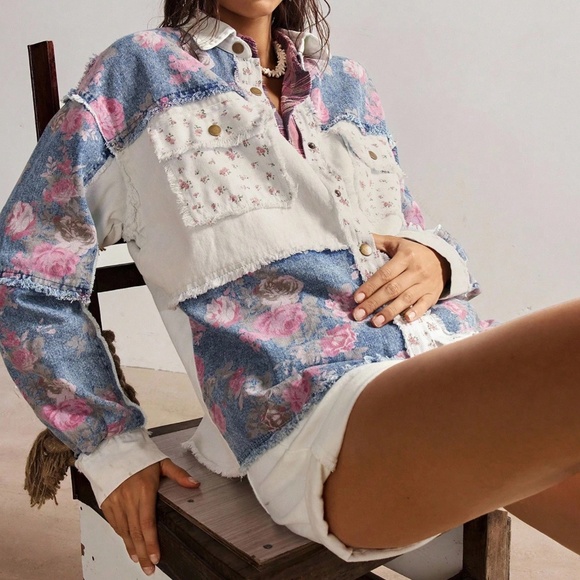 Western Floral Print Frayed Snap Button Oversized Denim Jean Jacket Shacket - Picture 4 of 5